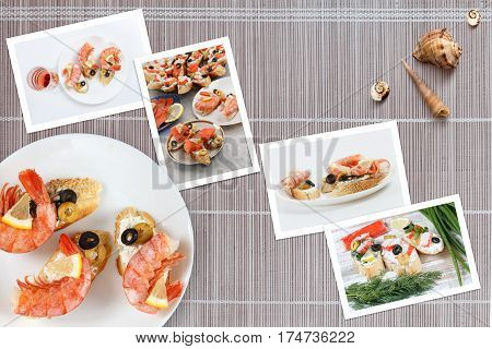 Beautiful snapshots of various italian sandwiches with seafood arranged on bamboo mat background with plates with food and seashells with copy space horizontal top view.