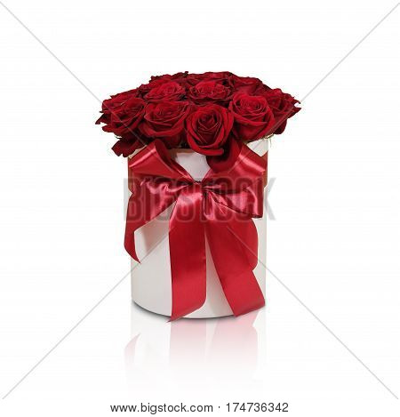 Rich Gift Bouquet Of 21 Red Roses. Composition Of Flowers In A White Hatbox. Tied With Wide Red Ribb