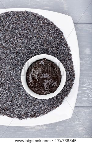 Poppy urbech. Natural paste from poppy seeds. Dagestani useful delicacy. Top view.