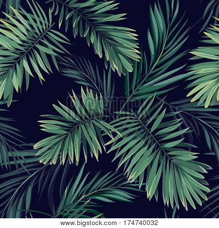 Dark tropical background with jungle plants. Seamless tropical pattern with green phoenix palm leaves. Vector illustration.