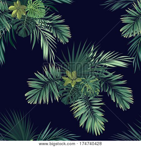 Dark tropical background with jungle plants. Seamless tropical pattern with green phoenix palm leaves. Vector illustration.