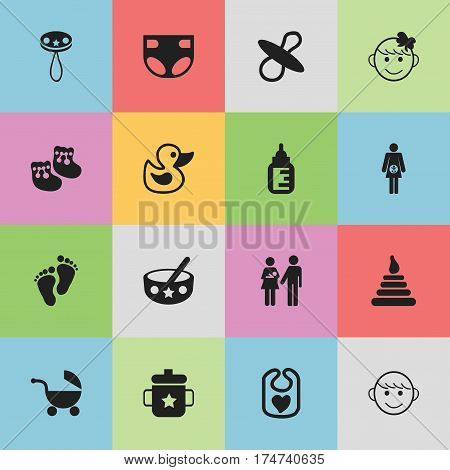 Set Of 16 Editable  Icons. Includes Symbols Such As Cheerful Child, Goplet, Stroller And More. Can Be Used For Web, Mobile, UI And Infographic Design.
