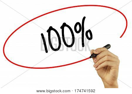 Man Hand Writing 100% With Black Marker On Visual Screen. Isolated On Background. Business, Technolo