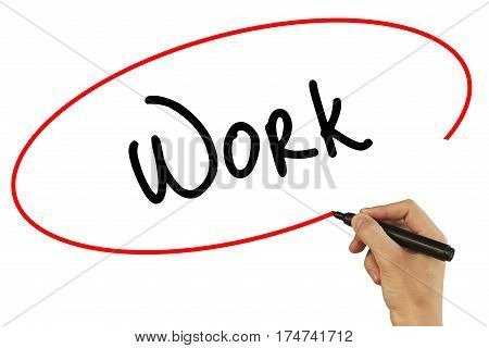 Man Hand Writing Work With Black Marker On Visual Screen. Isolated On Grey. Business, Technology, In