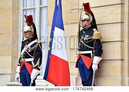 PARIS FRANCE - JUNE 10: Hotel Matignon Republican Guards of honor during a welcome ceremony on JUNE 10 2016 in Paris. Matignon is the official residence of the Prime Minister of France.