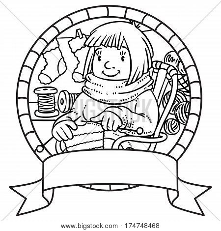 Coloring book of funny smiling knitter. Woman, sitting in a rocking chair, knitting a scarf, surrounded by yarn. Profession ABC series. Children vector illustration. Emblem