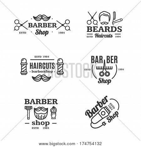 Barber Shop Emblems Set Shaving and Grooming Services Vintage Design Style for Web. Vector illustration