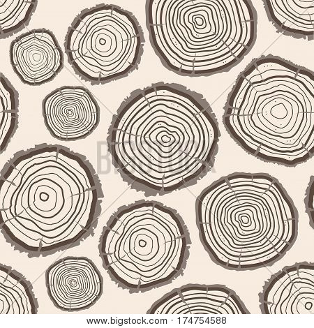 Saw Cut Tree Rings Trunk Pattern Background on a Light Wooden Texture. Vector illustration