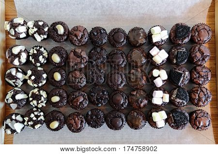 Mini Bite Chocolate Brownies With Various Toping