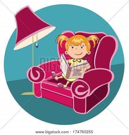 Girl reading a book on a pink chair