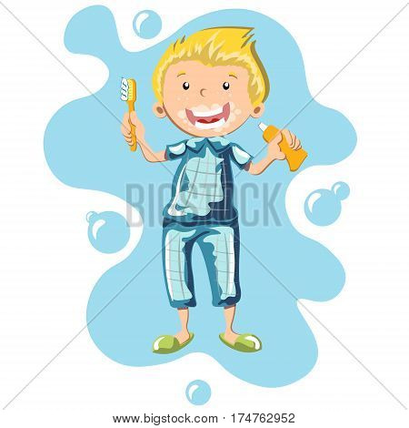 Little boy brushing his teeth on a blue background