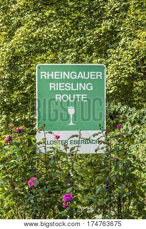 ELTVILLE GERMANY - SEP 12 2010: sign Rheingau Riesling Route at the Eberbach cloister. It indicates the famous Wine area.