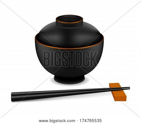 Japanese empty dish in realistic style. Misoshiru dish and chopsticks isolated on white background. Cooking vector illustration collection. Kitchen objects for your design