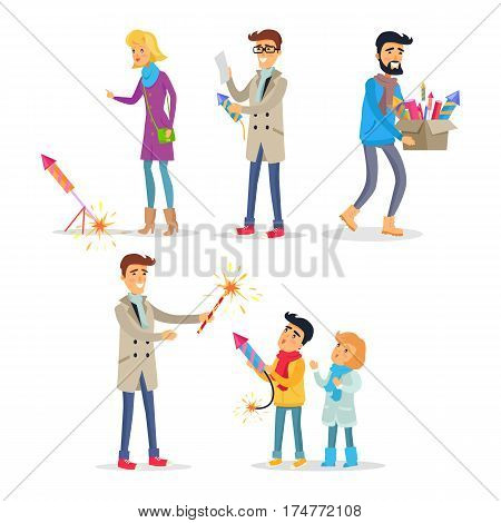 Adults and children setting off colourful fireworks in flat design. Vector illustration in cartoon style of people looking at pyrotechnics, reading instruction, carrying box and teaching children