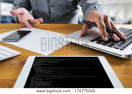 "developer Team Working Laptop Computer Mobile Application Softwareand Web Design Online Technology