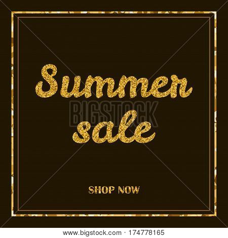 Sammer sale poster banner. Gold creative text and frame on the dark background