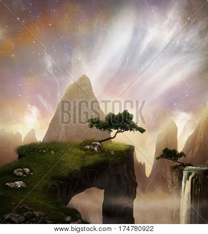 Fantasty landscape with beautiful cliffs and mountains. 3D rendering