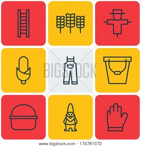 Set Of 9 Gardening Icons. Includes Garden Clothes, Protection Mitt, Maize And Other Symbols. Beautiful Design Elements.