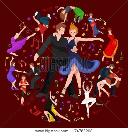 Vector illustration of couple dancing modern dance, Partners dance bachata, Dancing style design concept set, traditional dance flat icon isolated vector illustration, Man and woman ballroom dancing.