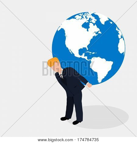 Man carrying the world illustration.Businessman holding the globe.Vector person holds atlas.