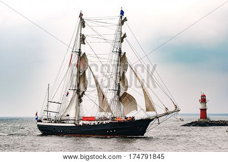 Rostock, Germany - August 2016: Sailing ship Mercedes on the sea. Hanse-Sail Warnemuende at port Rostock, Mecklenburg-Vorpommern, Germany. Tall Ship.Yachting and Sailing travel. Cruises and holidays