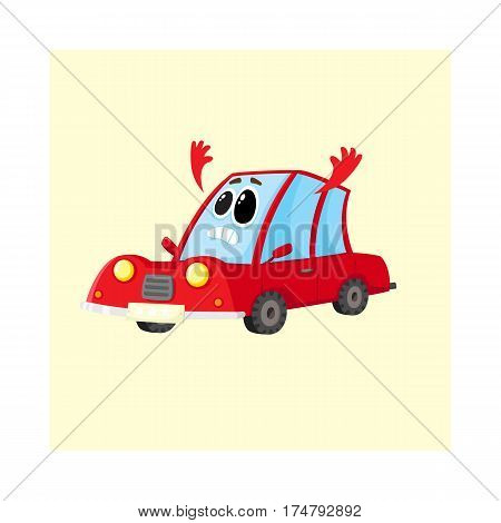 Funny red car, auto character flinging up its arms in dismay, despair, horror, cartoon vector illustration isolated on white background. Red car character, mascot with human face sad, showing despair
