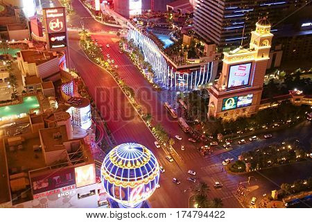 LAS VEGAS - OCT 09: Night Panorama of Las Vegas Boulevard The Strip. Hotels and casinos of Las Vegas gambling capital. Night life. OCT 09 2016 Las Vegas Nevada USA