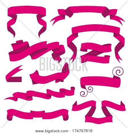 Horizontal cartoon ribbon banners vector. Set of pink ribbons in flat style. Vector illustration