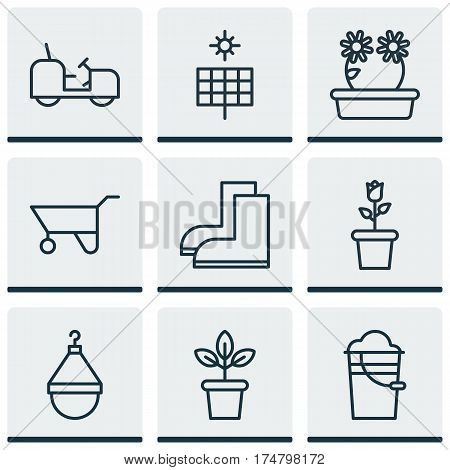 Set Of 9 Agriculture Icons. Includes Wheelbarrow, Bucket, Hanger And Other Symbols. Beautiful Design Elements.