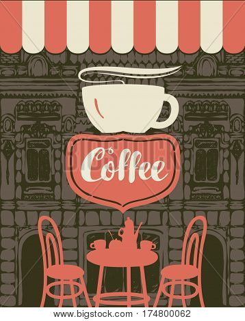 Banner for a sidewalk cafe with a facade of the old building and furniture