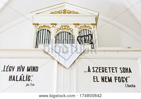 KHUST, UKRAINE - MAY 09, 2013: Interior of reformed Church (Elizabethan church XIII c.), Khust, Ukraine
