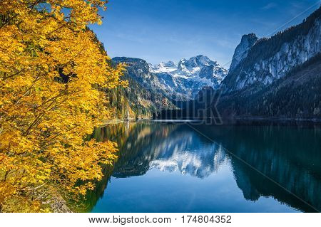 Autumn Scenery With Dachstein Mountain At Gosausee, Salzkammergut, Austria