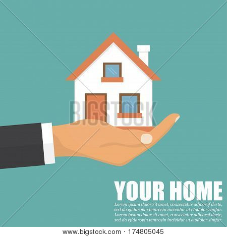 Hand agent with home in a flat design. Vector illustration