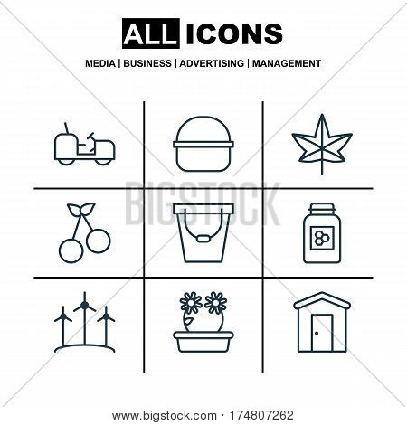 Set Of 9 Agriculture Icons. Includes Package, Sweet Berry, Pail And Other Symbols. Beautiful Design Elements.