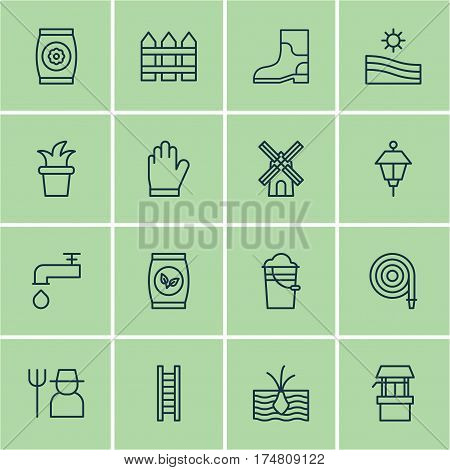 Set Of 16 Holticulture Icons. Includes Lantern, Water Source, Spigot And Other Symbols. Beautiful Design Elements.
