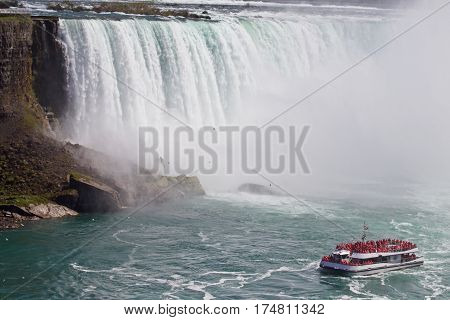 Beautiful Background With A Ship And Amazing Niagara Waterfall