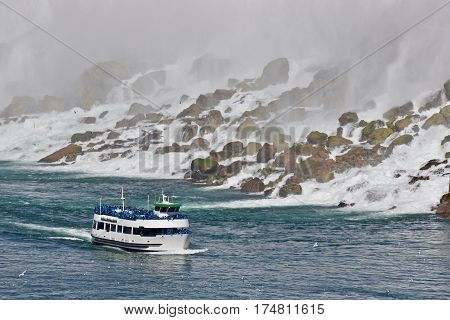 Beautiful Background With A Ship And Amazing Niagara Waterfall