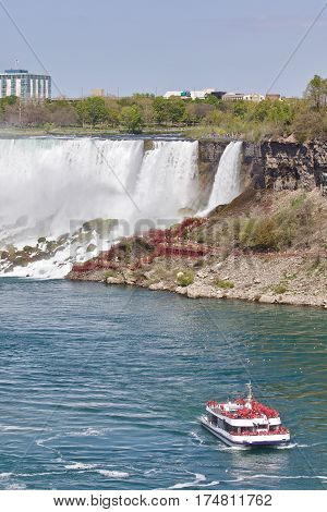 Beautiful Postcard With A Ship And Amazing Niagara Waterfall