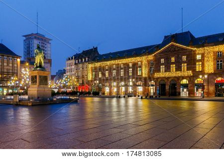 Kleber Square in night lighting at sunset. Strasbourg. Alsace.
