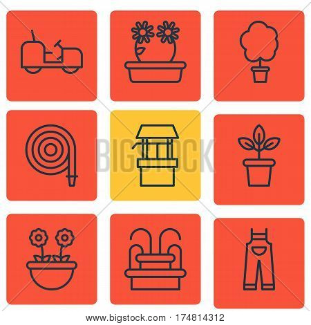Set Of 9 Garden Icons. Includes Fire Tube, Water Monument, Garden Clothes And Other Symbols. Beautiful Design Elements.