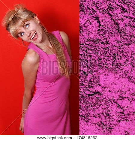Beautiful Young Woman In Fashionable Spring Dress Of Pink Yarrow Color