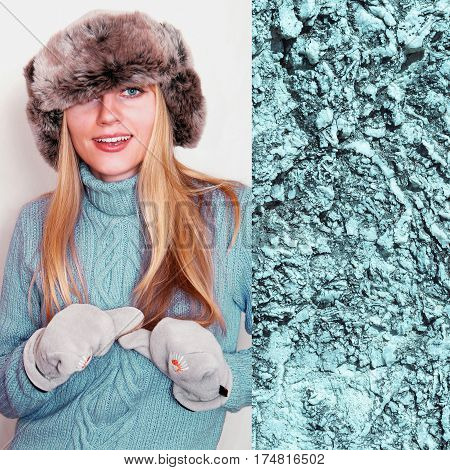 Playful Young Woman In Winter Hat And Sweater Of Island Paradise Color
