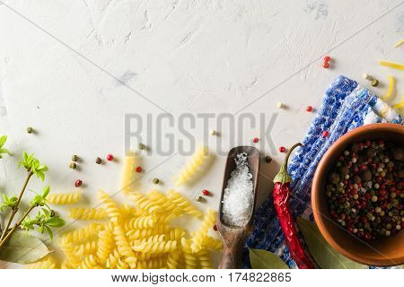 Bright Picture With Different Varieties Of Pasta And Lasha. Spices And Seasonings For Cooking.