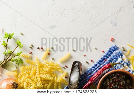 Bright Picture With Different Varieties Of Pasta And Lasha. Spices And Seasonings For Cooking.