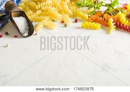 Bright Picture With Different Varieties Of Pasta And Lasha. Spices And Seasonings For Cooking.