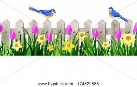 Green Grass and white wooden fance seamless isolated clip art vector on white with rose tulips and yellow daffodils and bluebirds