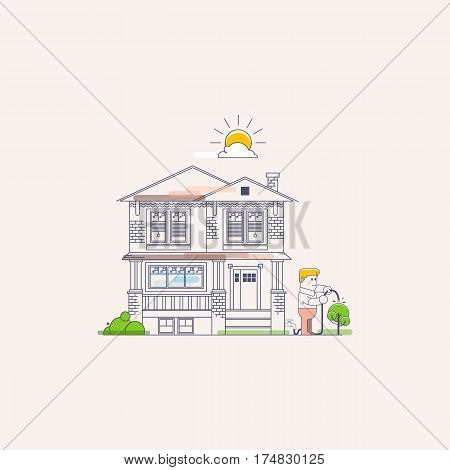 Flat vector illustration of a happy gardner watering the garden