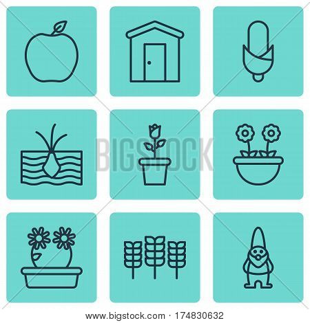 Set Of 9 Holticulture Icons. Includes Growing Plant, Farmhouse, Nectarine And Other Symbols. Beautiful Design Elements.