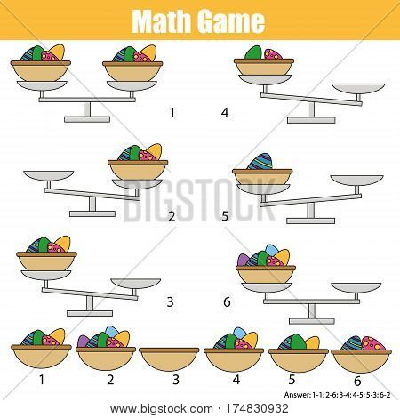 Mathematics educational game for children. Balance the scale. Learning counting mathematical equation weights and algebra. Easter eggs in busket