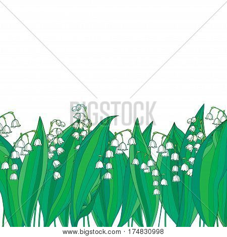 Vector border with outline white Lily of the valley or Convallaria flower and green leaves isolated. Ornate floral element for spring design or greeting card. Border with May lily in contour style.
